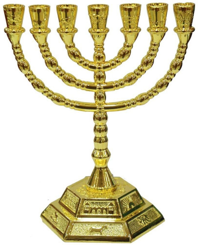 Candelabro Menorah Shofars From Afar, Enchapado En Oro, 20cm