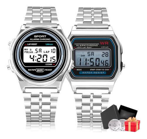 2pzs Reloj Digital A168 Para Mujer Y Hombre Metal Plateado