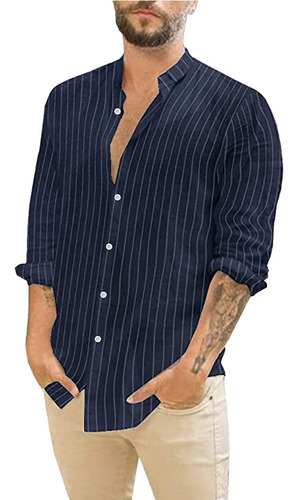 Button Down Long Sleeve Linen Shirs For Men Striped Fit