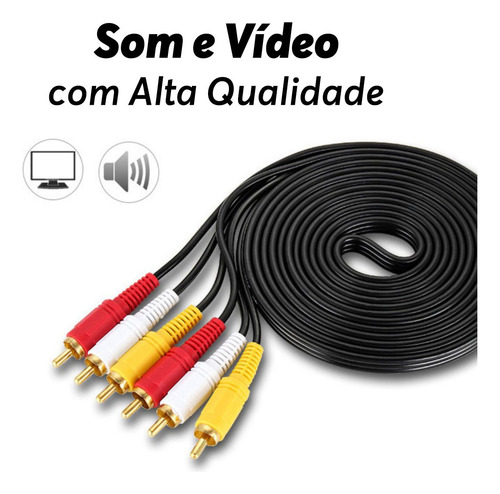 Cabo RCA AV 3 Vias Áudio e Vídeo 3 Metros – 3x RCA Macho para TV, DVD, Caixa de Som, Projetor e Receptores – Alta Qualidade com Conectores Dourados e Revestimento Blindado – Preto