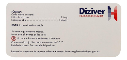 Diziver Hidroclorotiazida C/20 Tabs 25mg