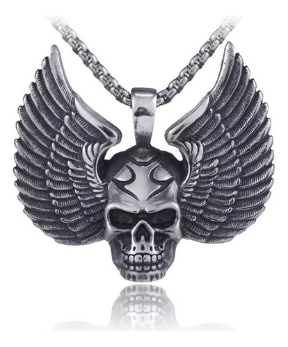 Pingente Aço Inox Com Corrente Masculino Caveira Asas Moto Cor Prateado