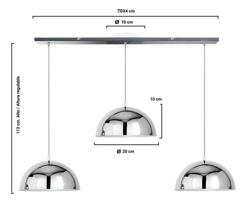 Lampara Colgante 3 Luces Deco Iluminacion E27 Campana 20 Cm Estructura Cromo