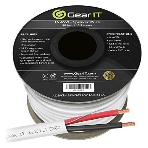 16 Awg Cl2 Ofc Cable De Altavoz De Pared, Gearit Pro Series
