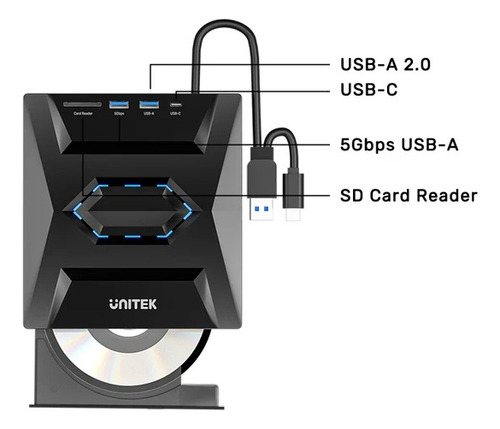 Grabadora De Cd/dvd Externa Unitek Con Hub Usb 5 En 1