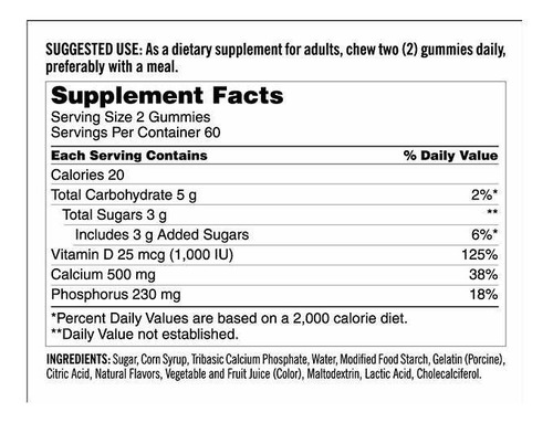 Imagen 2 de 2 de Calcio 500 Mg Kirkland, Con D3 Adulto 120 Gomitas