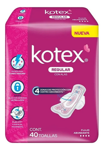 5 Pzas Toallas Femeninas Kotex Regular Con Alas Flujo Abunda