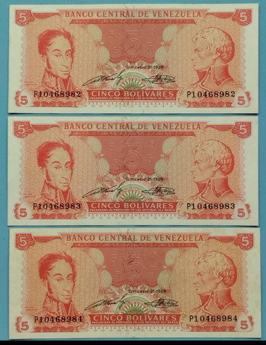 Dificil Billete De 5 Bs De 1989 P-8, 3 Pz, Consecutivos.