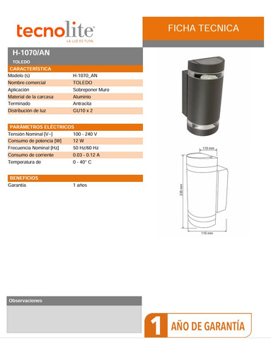 Aplique De Muro Antracita Toledo 12w Tecnolite