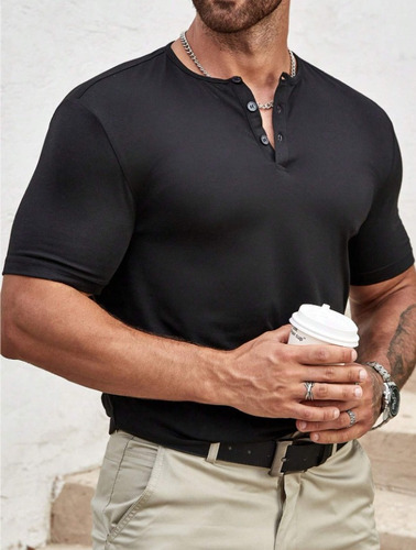 N Playera Henley Casual Manga Corta Con Botones Para Hombre