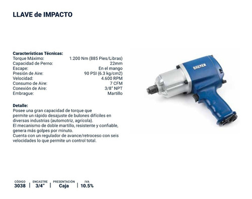 Imagen 3 de 4 de Llave Pistola Impacto Neumatica Bremen 3/4 Industrial 1356nm Cod. 3038 Dgm