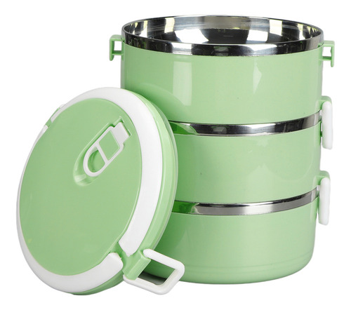 * Contenedor De Almuerzo Cilíndrico Verde De Tres Pisos