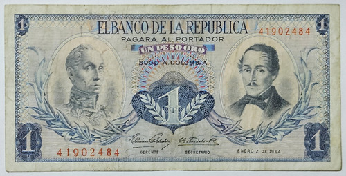 Billete 1 Peso 02/ene/1964 Colombia Vf