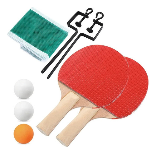 Set Ping Pong 2 Paletas + 3 Pelotas + Red + 2 Soportes Color Rojo Tipo De Mango St (recto)