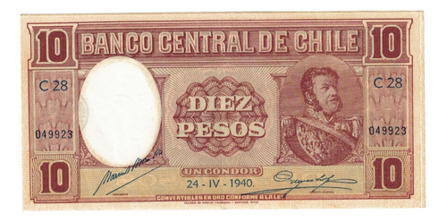 Billete De Chile 10 Pesos (1 Cóndor) Fechado 24-06-1940