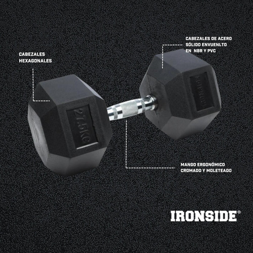 Mancuerna Hexagonal Ironside Hierro Fundido Engomado 27.5kg