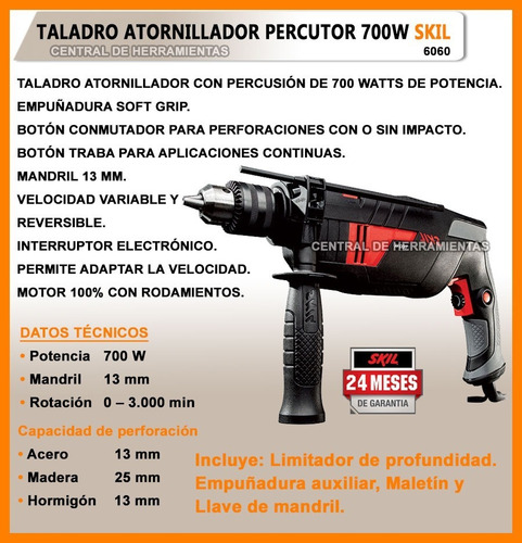 Taladro Percutor Skil 6060 13 Mm 700watts Vel Variable + Accesorios Maletin Electrico Manual Madera Hormigon Acero Skill