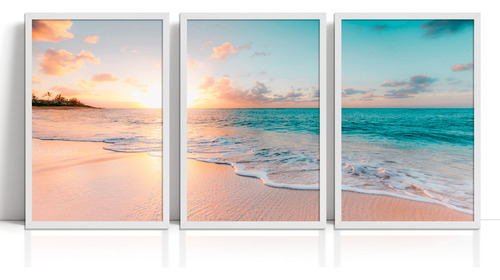 Quadros Decorativos Paisagem Praia Sol Céu Azul Mar P/ Sala Cor Conforme Imagem Cor Da Armação Branco