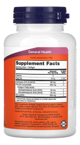 Coenzima Coq10 60mg + Omega3 Now Foods 120soft Sabor N/a