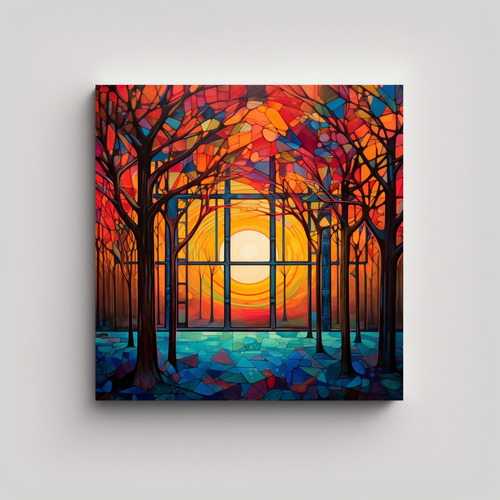 30x30cm Cuadro Otoñal De Atardecer Con Hojas Bastidor Mader