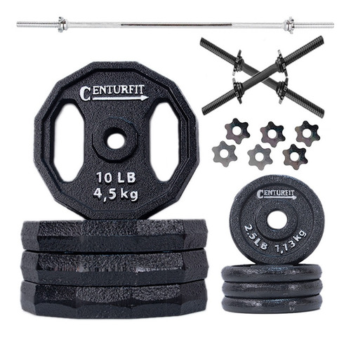 Pesas Set Barra Recta Mancuernas Polietileno Discos 50 Lbs Color Negro