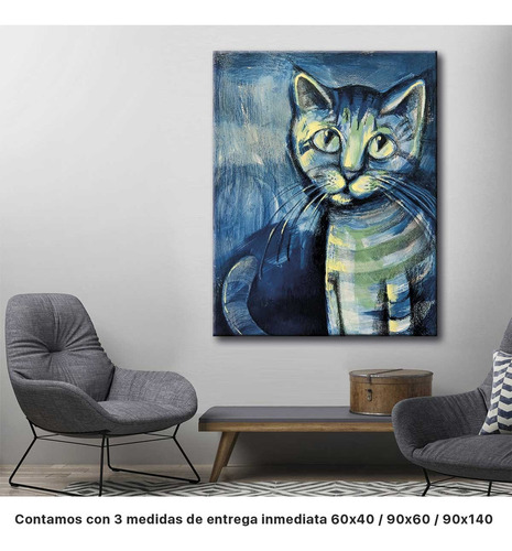 Cuadro Gato Azul Abstracto Tipo Pintura Minimalista 130x90