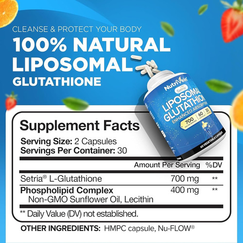 Nutrivein Liposomal Glutation Antioxidante 700 Mg Con 60 Cap Sin Sabor