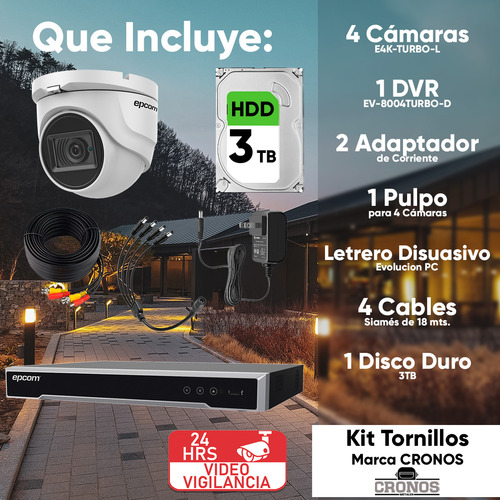 Epcom Kit De 4 Camaras De Seguridad Metalicas Eyeball 8mp Protección Ip66 Para Uso Exterior + Dvr 4ch Turbohd Con Detección De Movimiento Y Salida De Alarma +3tb Hdd Modelo Ev8004e4k-plus+3tb-sc