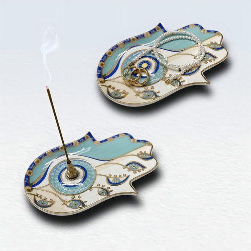 Soporte De Incienso De Mano Hamsa De Cerámica Color Azul Claro Estilo