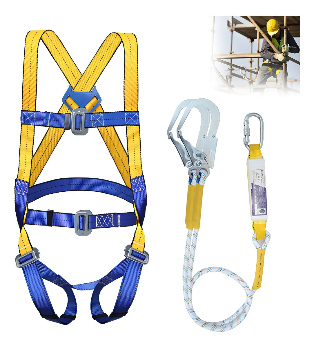 Arnes Seguridad Contra Caídas Amortiguador Doble Gancho 2m Cinturón de Arnés Ajustable de Protección contra Caídas, Kit Arnes Y Linea De Cuerpo Completo para Trabajo Aéreo, Constru