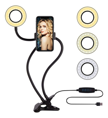 Luz Led Selfie + Soporte Celular Foto Maquillaje Videos Zoom Color Negro