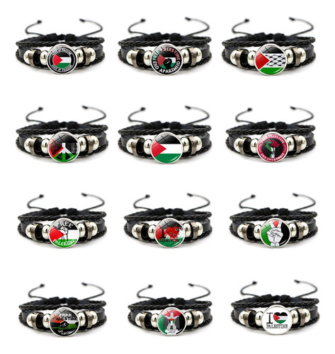 12 Pulseras De Cuero Ajustables Con La Bandera De Palestina