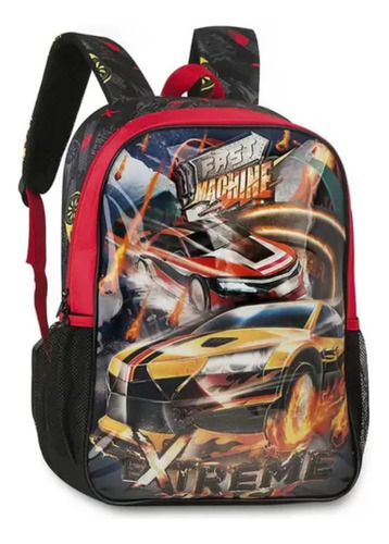 Mochila De Costas Infantil Escolar Fast Machine Carros Cor Preto