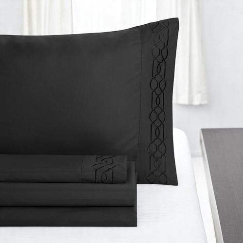 Set 4 Piezas Sábanas Negras Kingsize Bordado De Lujo 1200 H Negro Bordado