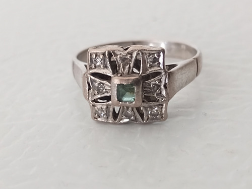 Anillo Plata Paladio Esmeralda Y 8 Diamantitos Naturales Plateado (Usado)