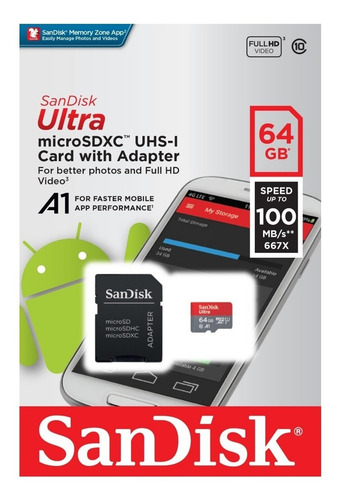Imagen 3 de 3 de Tarjeta Micro Sdxc 64gb Sandisk Ultra, C10, U1, A1, 100mb/s