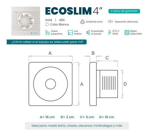 Imagen 3 de 7 de Extractor De Aire Ecoslim 4 Pulgadas Blanco Masterfan