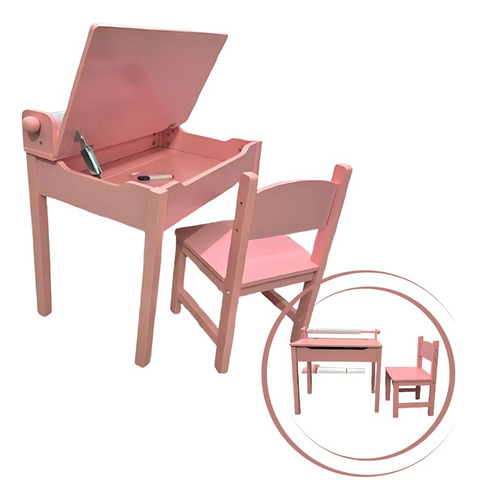 Mesa Escritorio+silla Infantil Tipo Butaca Baul Rosa Madera