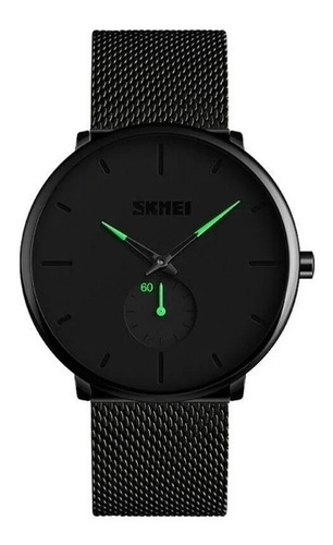 Reloj pulsera Skmei 9185 de cuerpo color negro, analógica, fondo negro, con correa de acero color negro, agujas color negro y verde, dial negro, subesferas color negro, minutero/segundero negro y verde, bisel color negro y hebilla de gancho