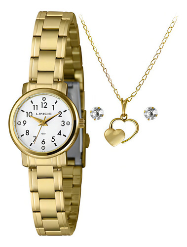 Kit Relogio Lince Pequeno Dourado Feminino Colar e Brincos Lrgh186l25 B2kx
