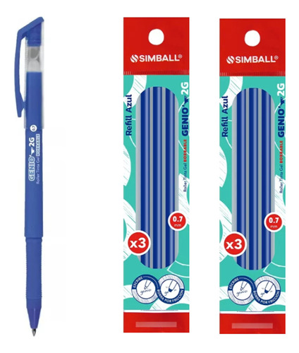 Lapicera Roller Simball Genio 2g Borrable Azul+ 6 Repuestos 