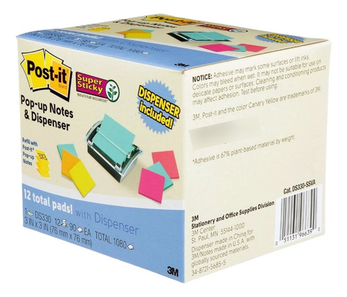 Dispensador Notas Adhesivas 3m Post It 3x3 + 12x Pads Neon Color Dispensador + 12 Pads Colores Mixtos