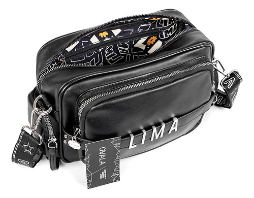 Carteras Bandoleras Mujer Cuero Sintetico Lima Bolsillos Color Negro