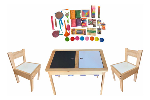 Mesa Sensorial Montessori + 2 Sillas + Kit Sensorial Xl