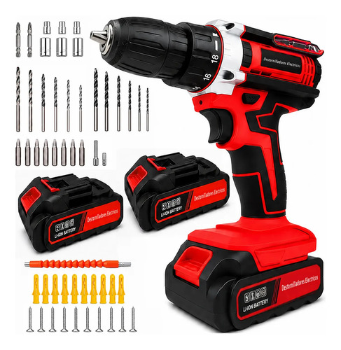 Taladro Electrico Inalambrico Destornillador Multifuncitraje rojo Herramientas eléctricas Conjunto luses led 2 pilas