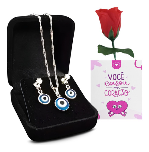 Conjunto Feminino 45cm Colar + Brinco Olho Grego Prata 925