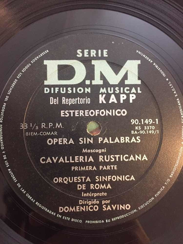 Disco Vinilo Lp Opera Sin Palabras Cavalleria Rusticana Kapp (Usado)