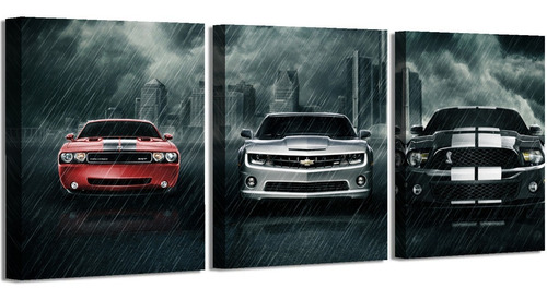 3 Cuadros En Canvas De Muscle Car Camaro Mustang Challenger 