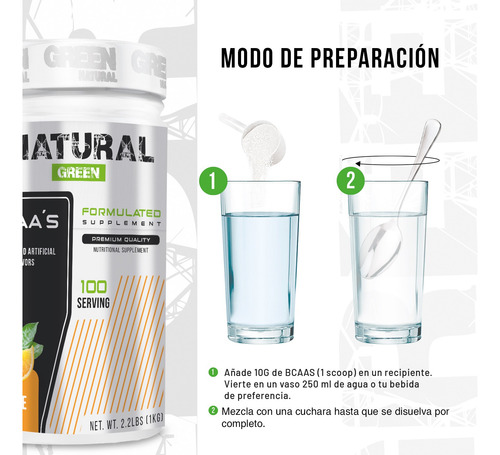 Aminoácidos Bcaas Green Varios Sabores 1kg 100 Servs Naranja