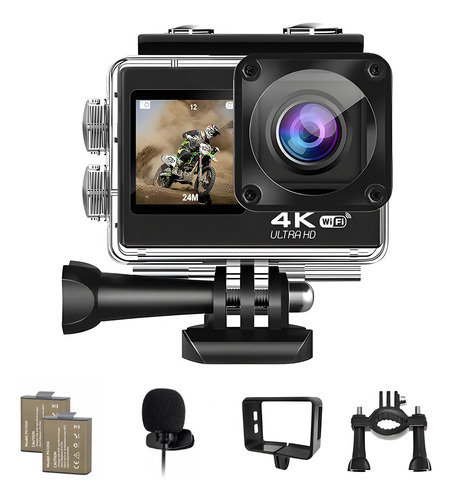 Cámara De Acción 4k De 20 Mp Con Micrófono Externo + 2 Pilas